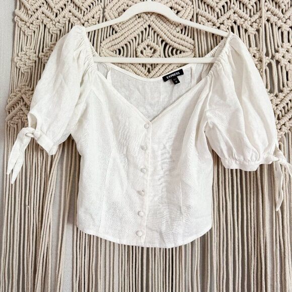 Express XS White Linen Blend Cottagecore Top - Picture 1 of 6